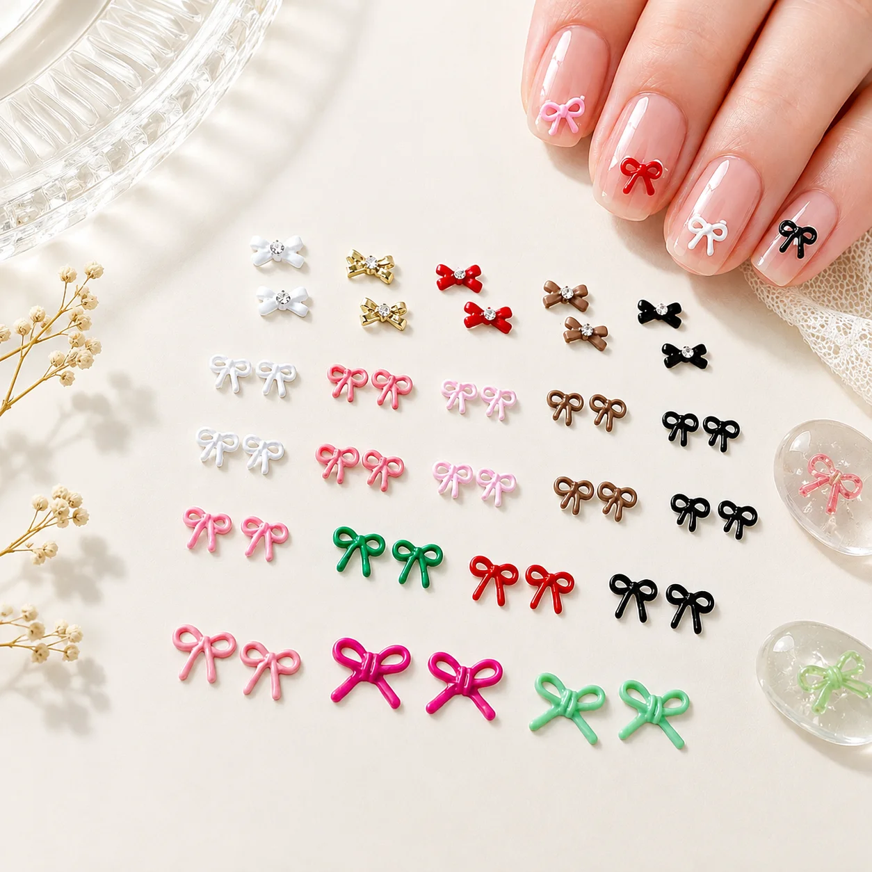 10pcs Japanese Bow Nail Art Charms Ribbon Bowknots Rhinestones Macaron Colored Bow Nail Decoration Manicure Accessories