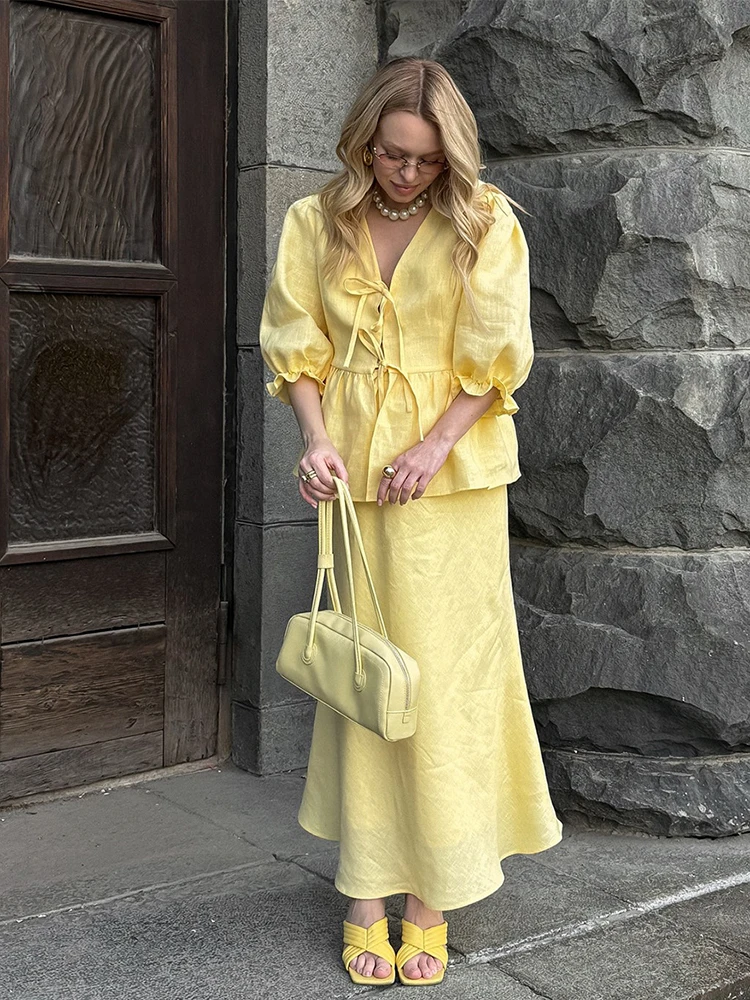 

Women V-Neck Puff Sleeve Lace-Up Blouse High Waist Slim Long Skirt Sets Summer Yellow Ruffled 2 Piece Set Elegant Female Outfits