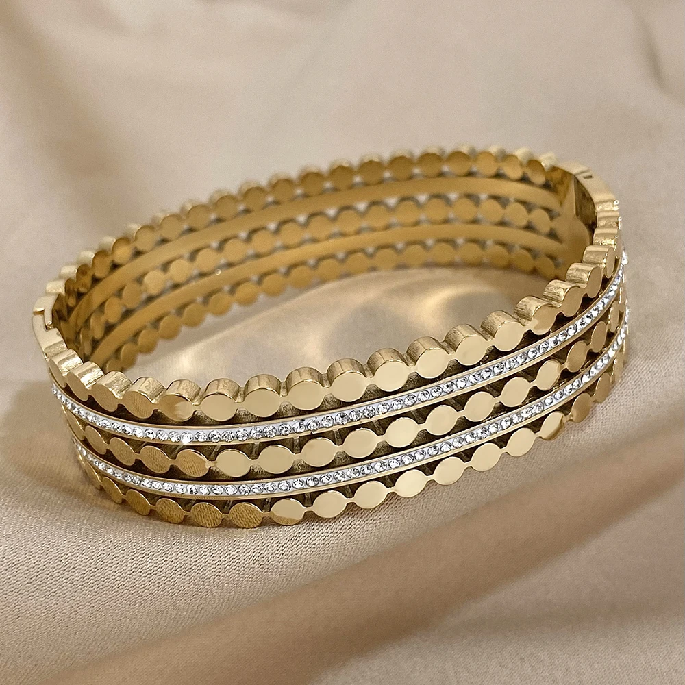 Greatera Gold Plated Stainless Steel Rhinestone Charm Wide Bangles Bracelets for Women Layered Chunky Metal Waterproof Jewelry
