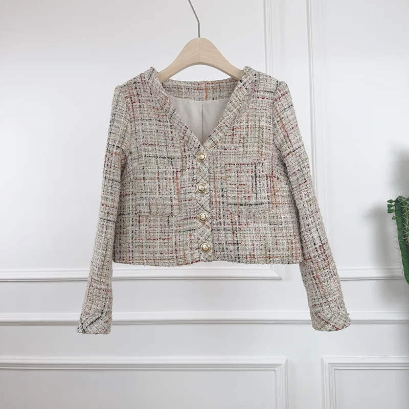 

Осенне-зимнее пальто в клетку с v-образным вырезом и длинными рукавами в ароматом стиле, женская модная простая и универсальная твидовая французская женская короткая куртка