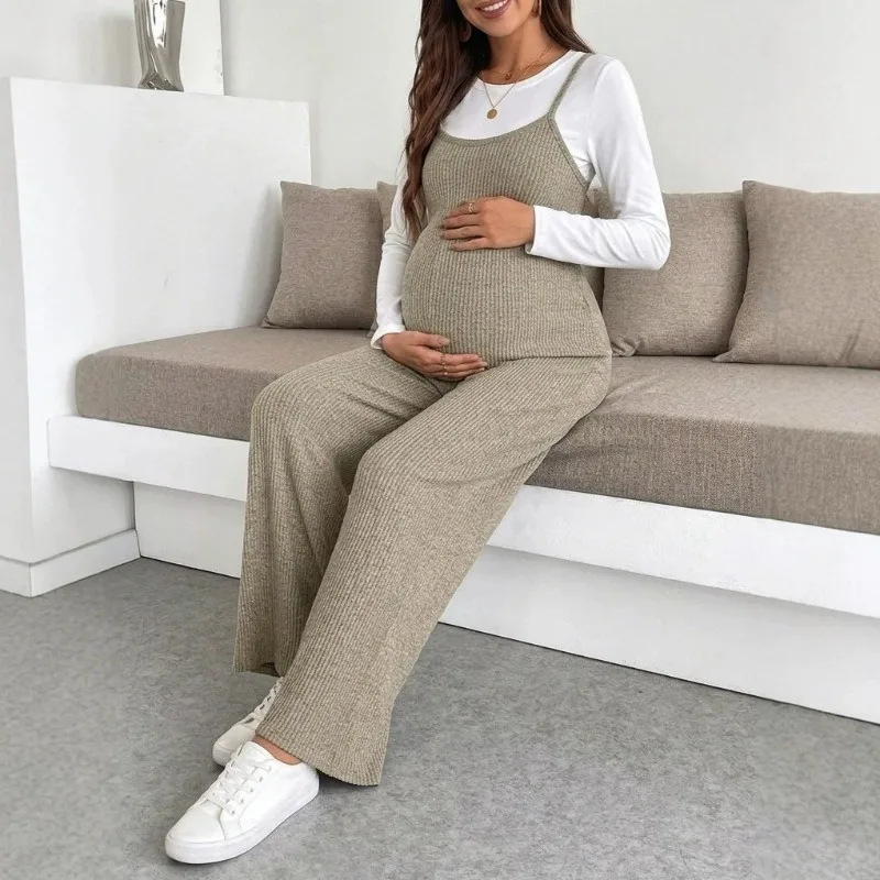 Hot Sale Maternity Knit Overalls Adjustable Shoulder Straps Loose Casual Long Trousers Pregnancy Bib Jumpsuit for Pregnant Women
