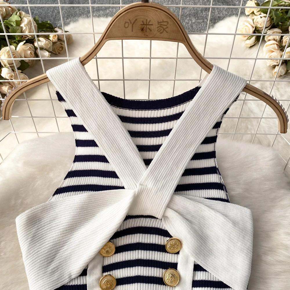 Summer French Striped Suspenders Tank For Women\'s Outerwear Top Sexy Fashion Gold Button Backless Sleeveless Slim Short Vest