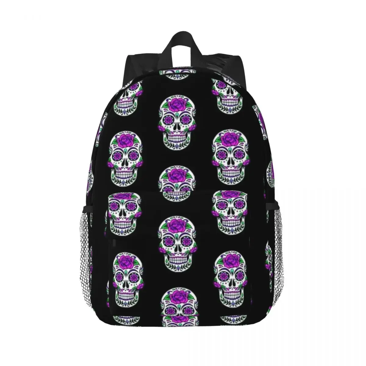 Flowers Decorated Skull - Purple Backpacks Bookbag Cartoon Students School Bags Travel Rucksack Shoulder Bag Large Capacity