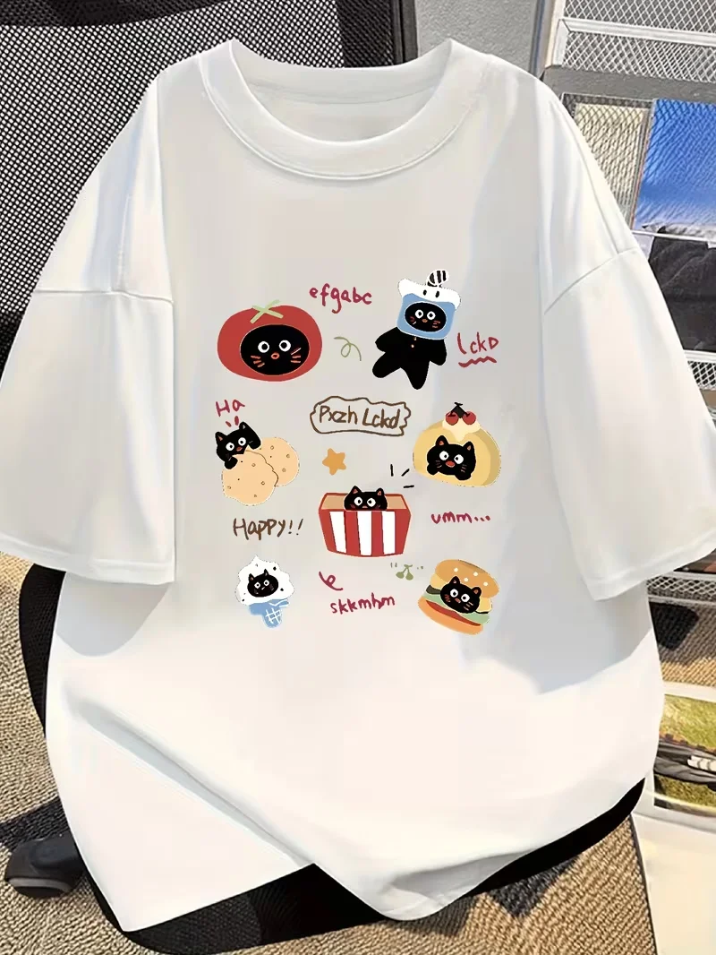 Food Snacks With Fiber - Kawaii Black Cat Food Graphic T-Shirt,
