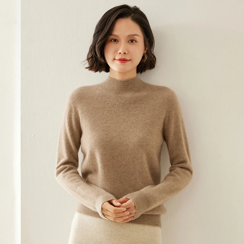 First-Line Ready-To-Wear Half High Collar 65% Wool 35% Cashmere Sweater Women\'s Top Ultra Light Soft Knit Jumper Autumn Winter