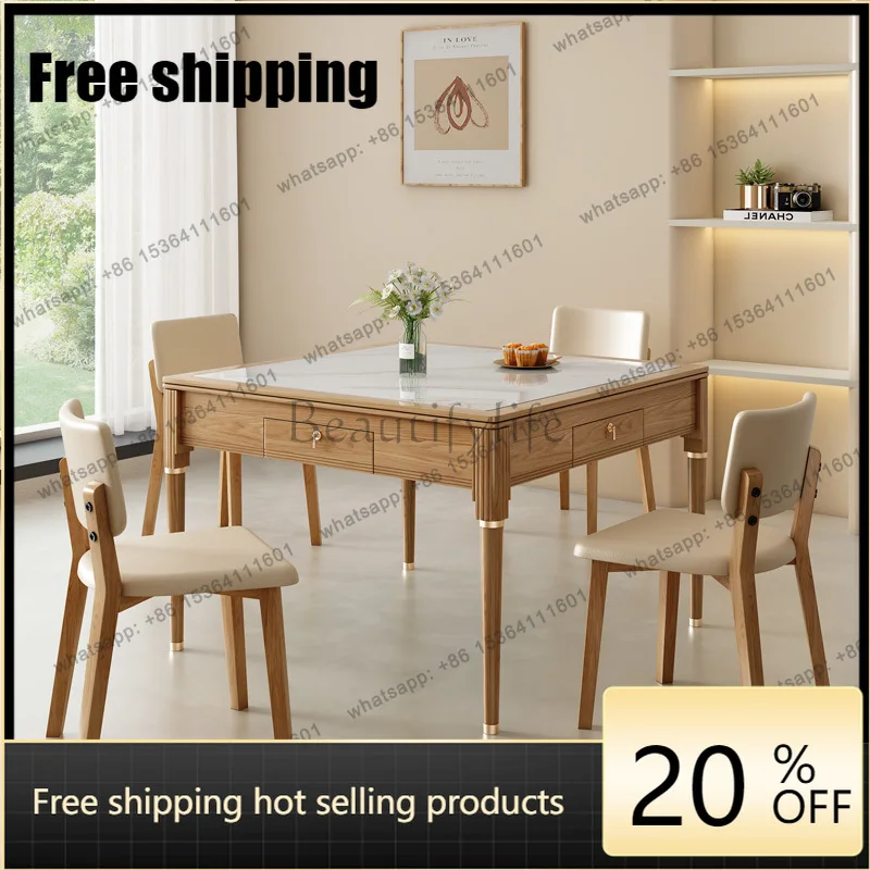 HJ Solid wood rock slab mahjong machine dining table integrated dual-purpose household modern simple automatic cream wind
