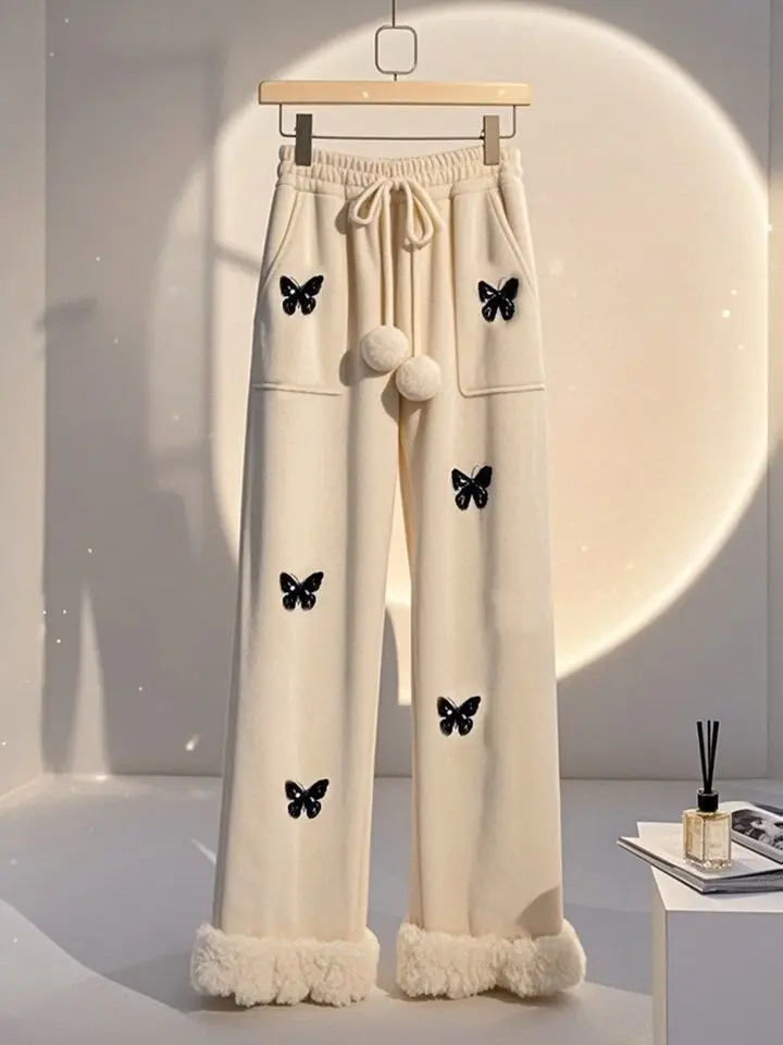 Winter rabbit hair new explosive fashion fashion high-grade super good-looking loose white printed fleece straight pants