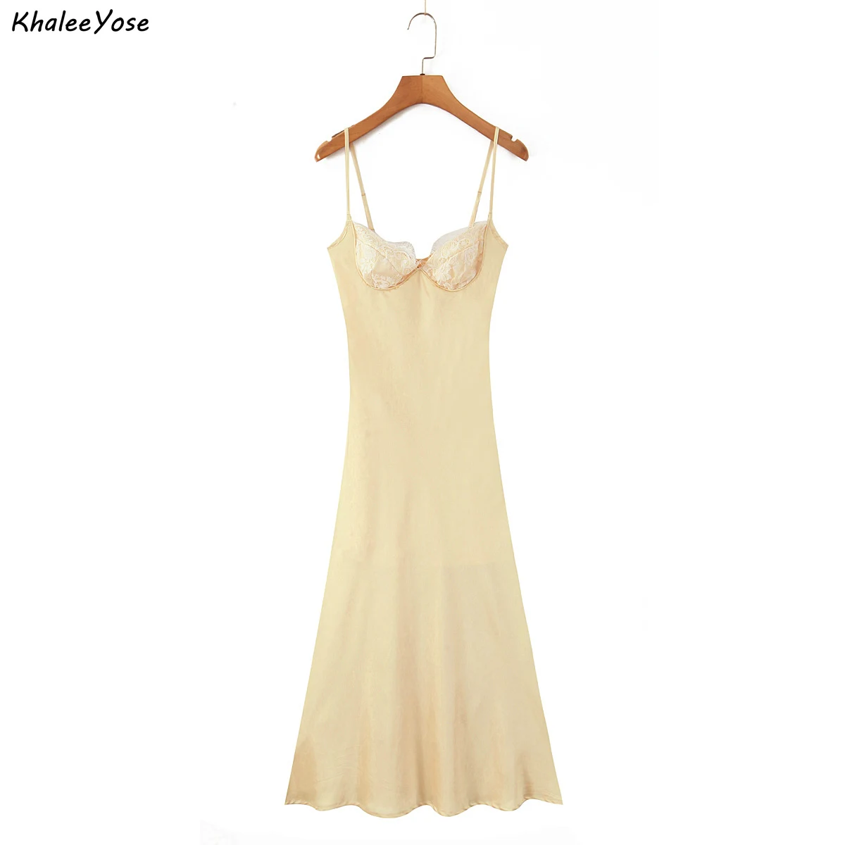 Abito lungo da donna elegante stile francese con spaghetti Abito estivo in raso di pizzo giallo con scollo a V Abiti maxi casual da donna sexy Nuovo