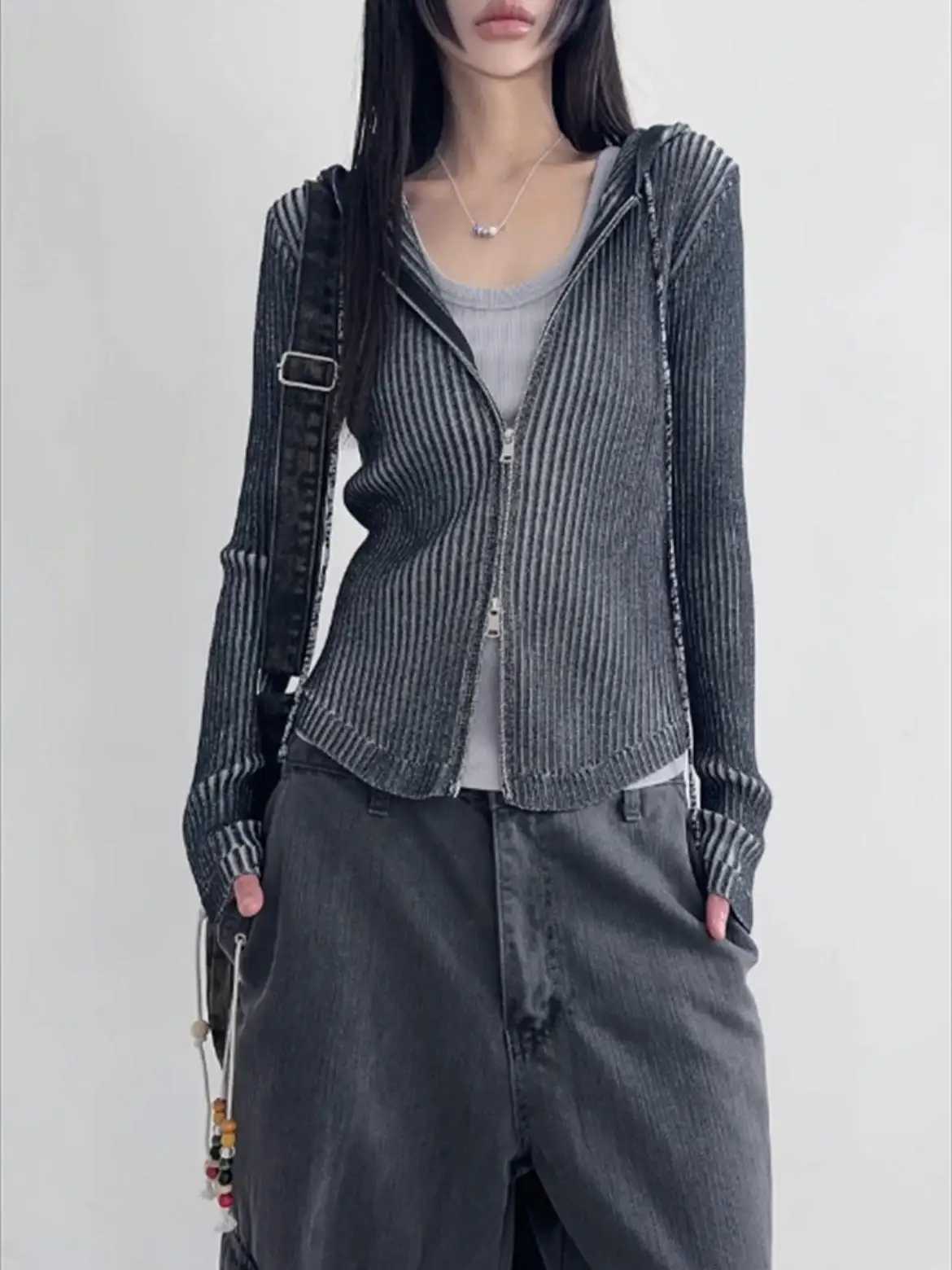 

Street Sle Retro Distred Vertical Stripes Double Zipper Hooded Knitted Cardigan Jaet ort Length Women's Faion