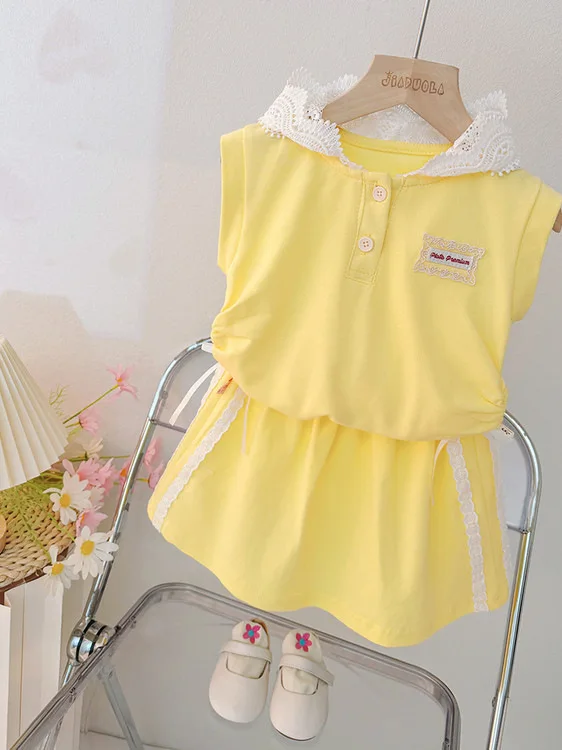 

Комплект из двух предметов для девочек: кружевной топ и юбка, летняя коллекция, детская модная одежда