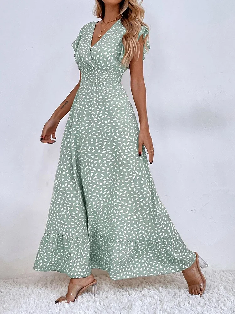 

Print Midi Dress Women Elegant Green Dress Female Fashion V Neck Butterfly Sleeve Long Dress Ladies Elastic Waist Ruffles Dress