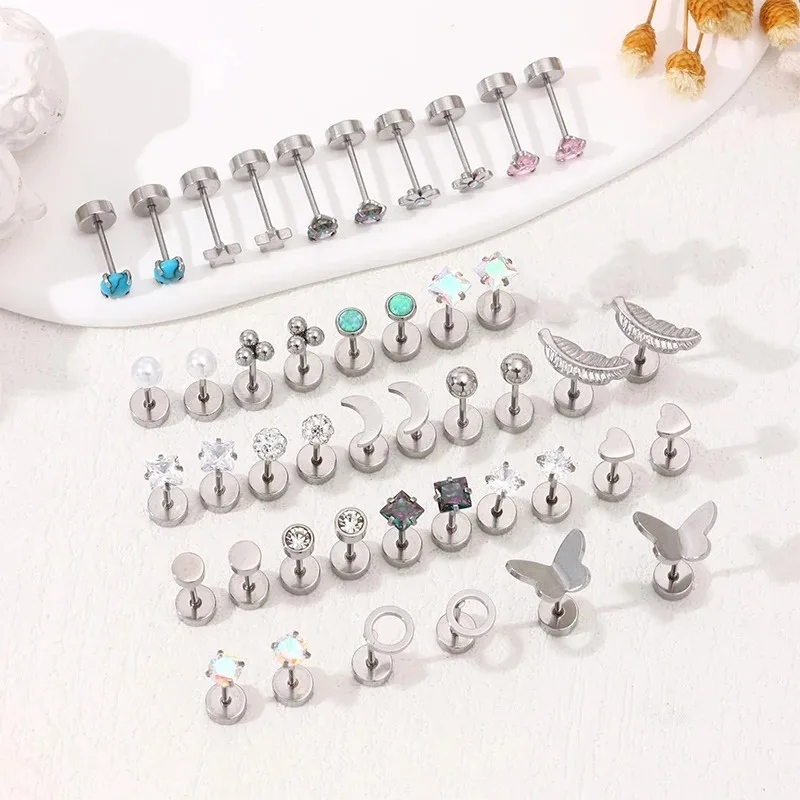 1 Pair Stainless Steel Hypoallergenic Round Zircon Tragus Cartilage Ear Piercing Opal Heart Flatback Stud Earrings Jewelry