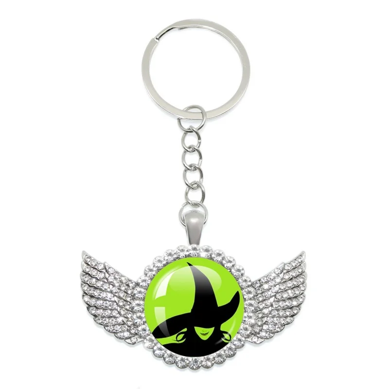 Hot Movies Wicked Glinda Elphaba Angel Wing Long Chain Round Keychain Glass Accessories Charms Heart Necklace Fans Jewelry Gift