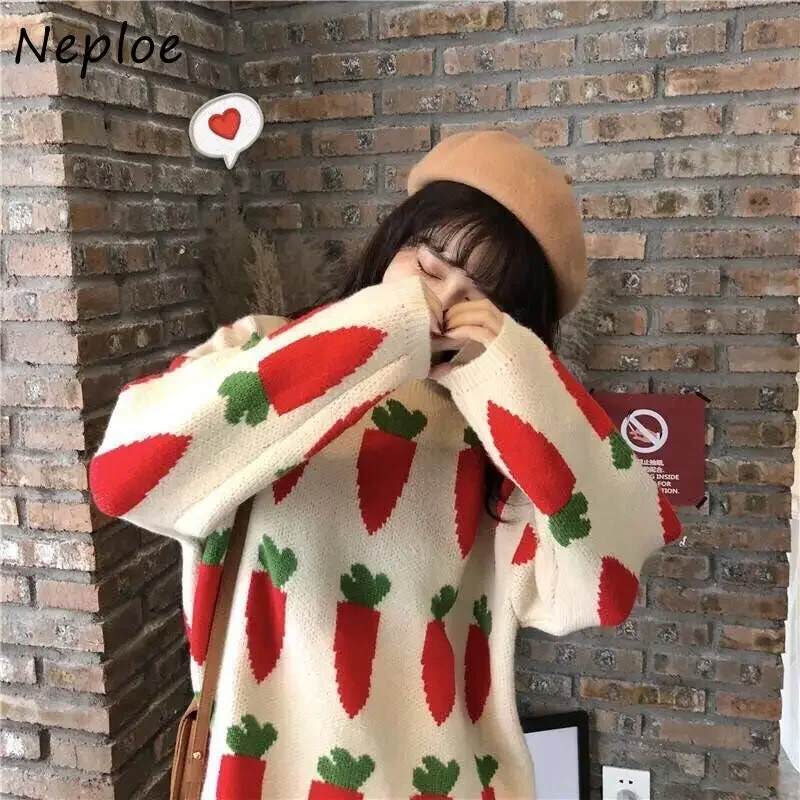 Neploe Women Oversized Sweater Pullovers O-neck Strawberry Pattern Printed Pull Jumpers Long Sleeve Street Knit Tops 1E786