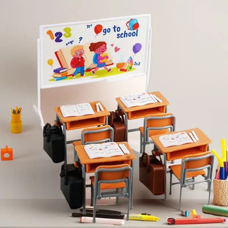 Handcrafted 1:12 Scale Dollhouse Classroom Setting with Desk, Chalkboard, Books, and Bag for Miniature Decor Collection.