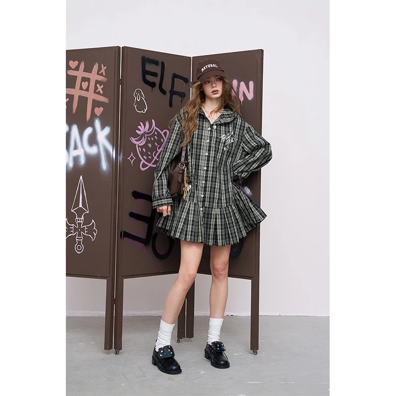 Elfsack 2025 verão nova chegada solto bonito xadrez arco impresso camisa curta vestido para mulher