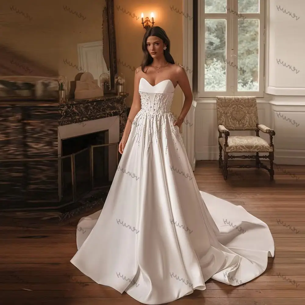 

Modern Wedding Dresses A Line Satin Bridal Gowns Pearl Decoration Robes Sexy Strapless Backless Vestidos De Novia Customized