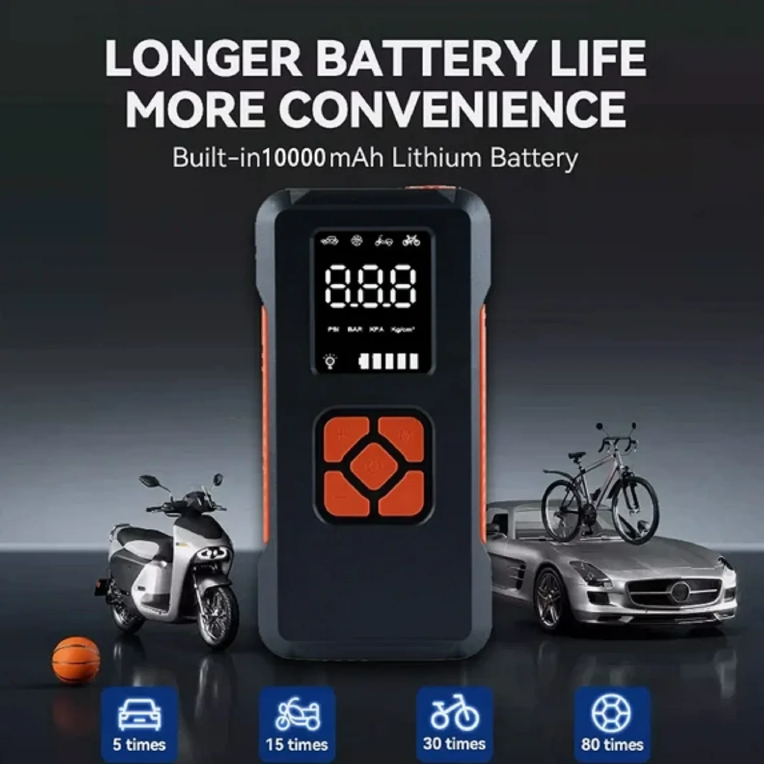 MD02 2-in-1 Cordless Tire Inflator/Power on, 10.0Ah 150PSH Air Compressor,Emergency LED Light,Compact Air Pump for Car & Bike view 3