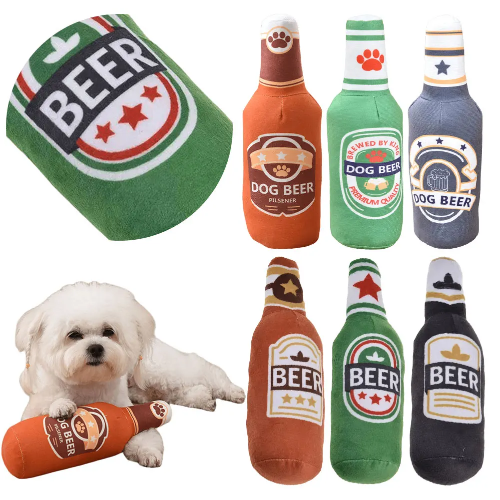 Interactive Squeaky Plush Dog Toy Beer Bottle