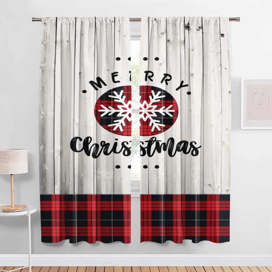 2PCS Christmas Digital Print Curtains, Merry Christmas Snowflake Wood Plaid, Rustic for Living Room Bedroom Window Decor