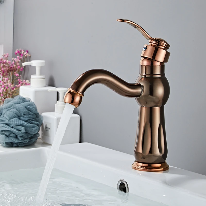 All copper faucet, cold and hot bathroom, wash face, sink, household art, rose gold