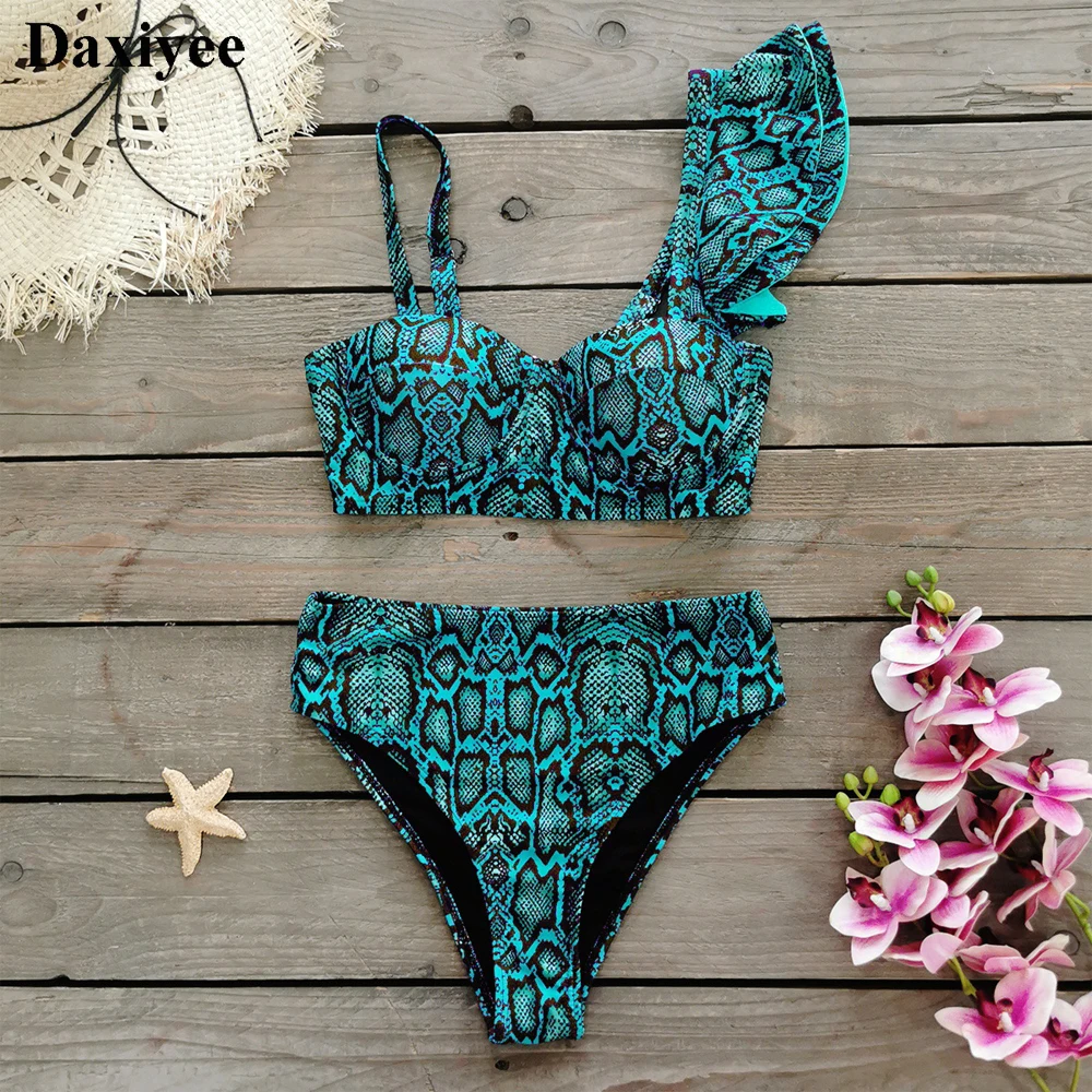 Snake Skin Print Bikinis Set Irregular Ruffle Shoulder Women Swimwear Push Up Underwired Female Swimsuit High Waist Bathing Suit