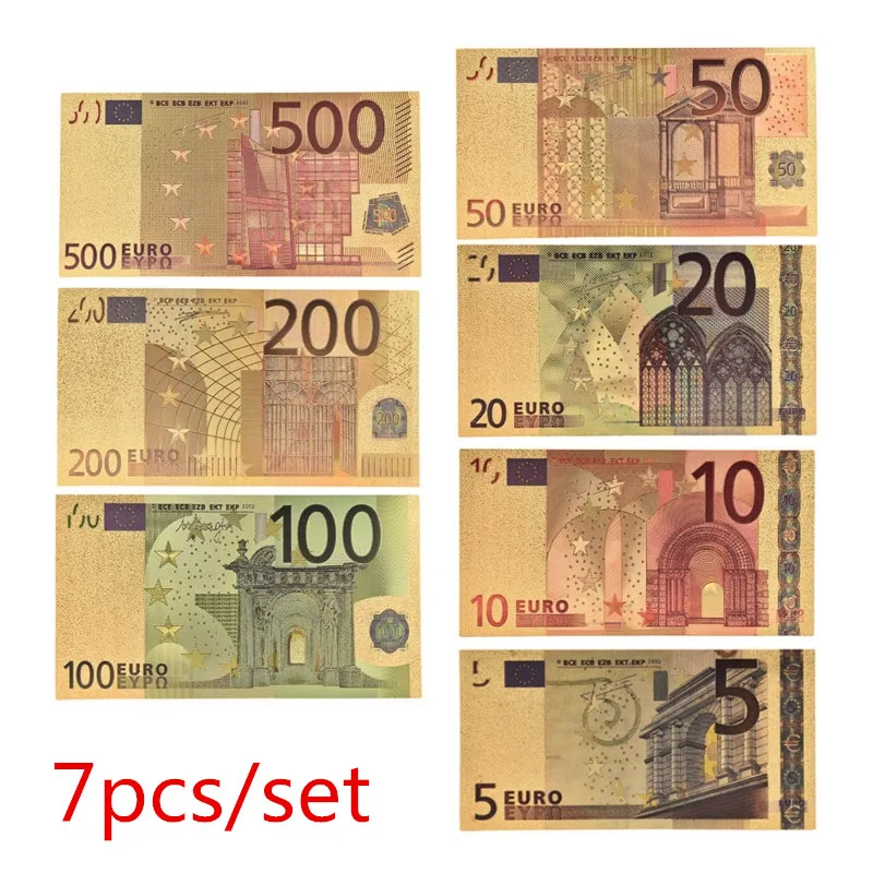 New 7pcs/lot 5 10 20 50 100 200 500 EUR Gold Banknotes in 24K Gold Fake Paper Money for Collection Euro Banknote Sets hot sale