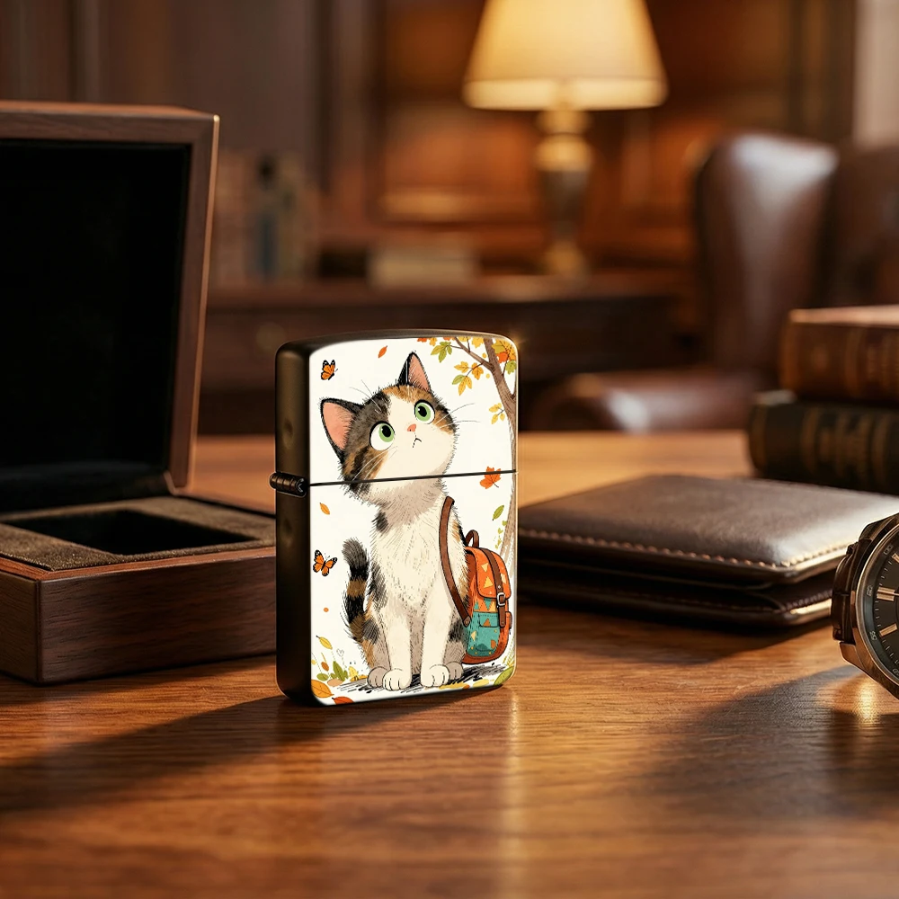

Cute Calico Cat with Autumn Leaves and Backpack Metal Lighter