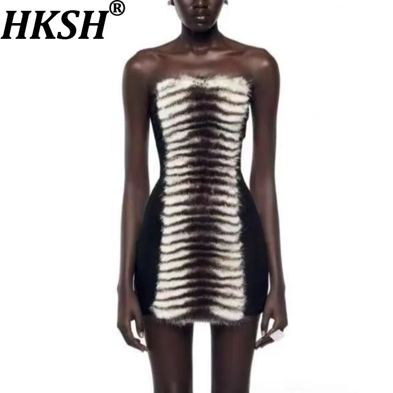 

HKSH Осень Зима Новое женское короткое платье в сетку в стиле пэчворк из искусственного меха без рукавов с завязкой на талии Трендовые сексуальные платья HK13757