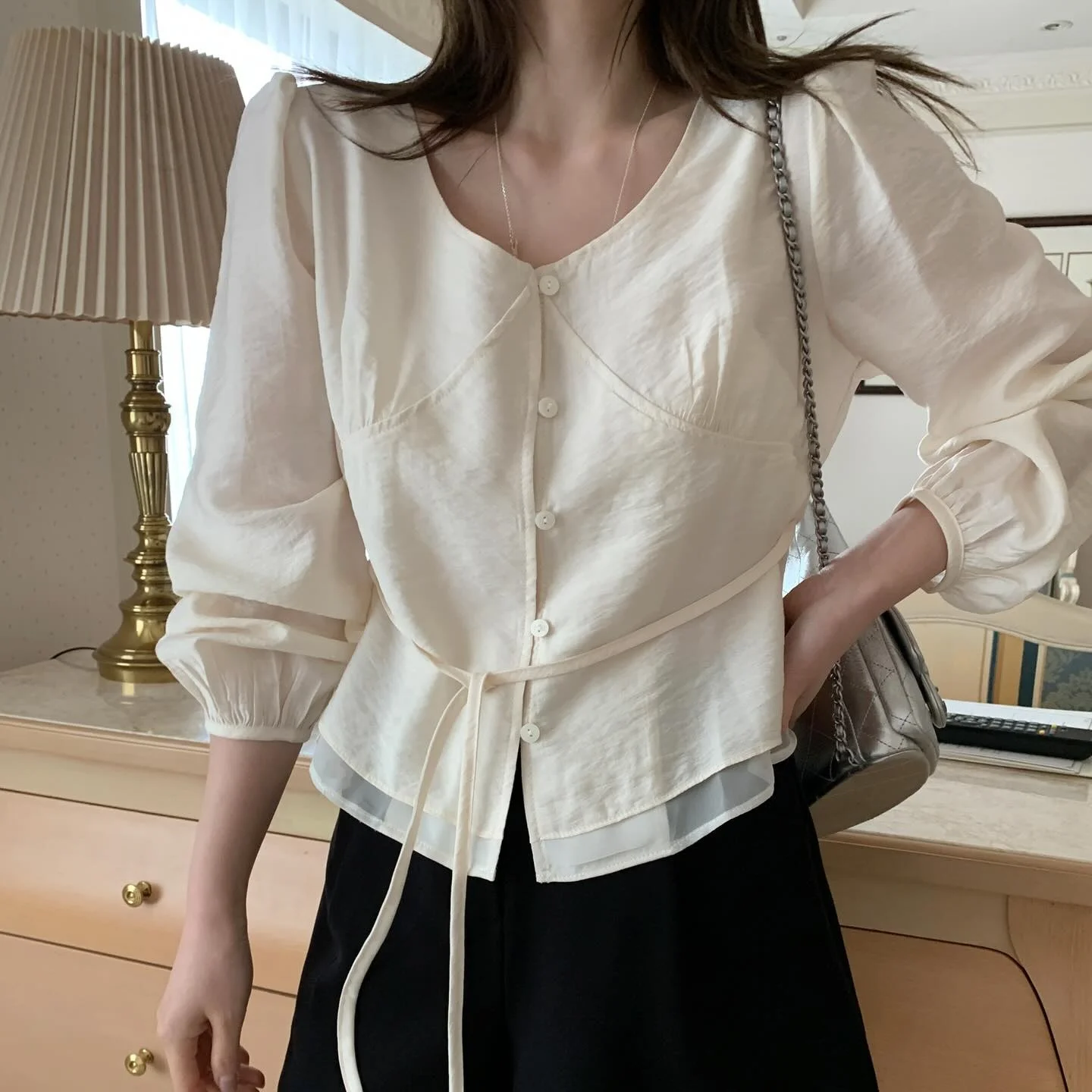 Elegant V-neck Single Button Double Layer Hem Design Shirt with Bow Waist Bubble Sleeve French Style Polyester Fiber Blouse