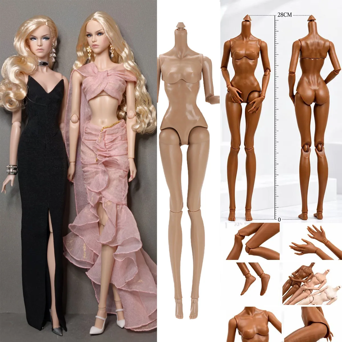 1/6 FR Supermodel Doll Body 16 Joints Movable 28cm Female Model 3 Skin Tones High-quality Solid FR Blank Body DIY Dress Up Toy