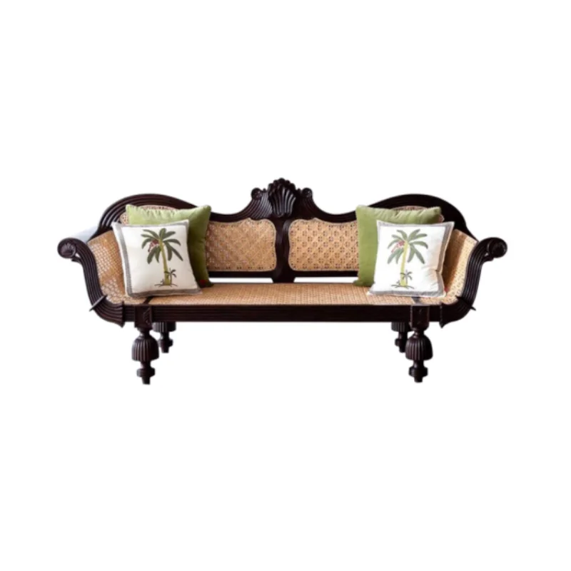 

Solid wood carving flower rattan three-person sofa Nanyang style retro model room living room studio light luxury sofa