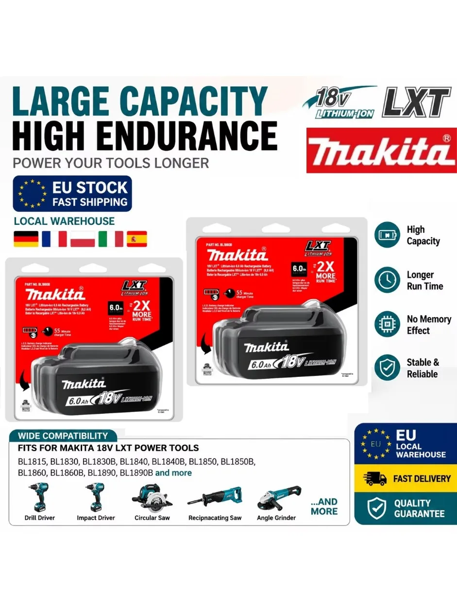 2026 100 % Original-Makita-Akku mit 18 V, 5 Ah, 6 Ah, 9 Ah, wiederaufladbarer Lithium-Akku, Makita-Akku mit hoher Kapazität für Elektrowerkzeuge + Ladegerät + Bohrer
