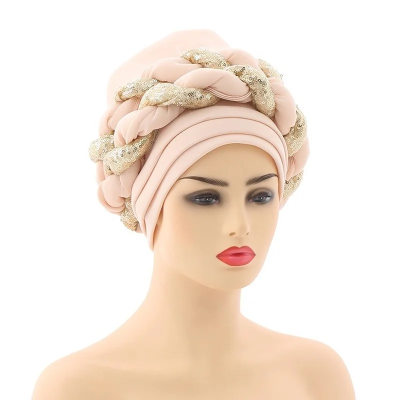 Urban Bonnet Chemo Cap  Auto Gele Headtie Women Turban Headscarf Beanie Twisted Braid Wrap Hat Turbantes Pearl Headwrap