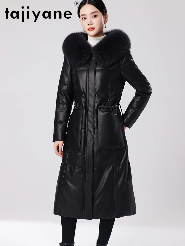 TAJIYANE-abrigo de piel de oveja para mujer, chaqueta larga ajustada con capucha de cuero genuino, abrigos con cuello de piel de zorro, ropa de invierno para mujer 2025