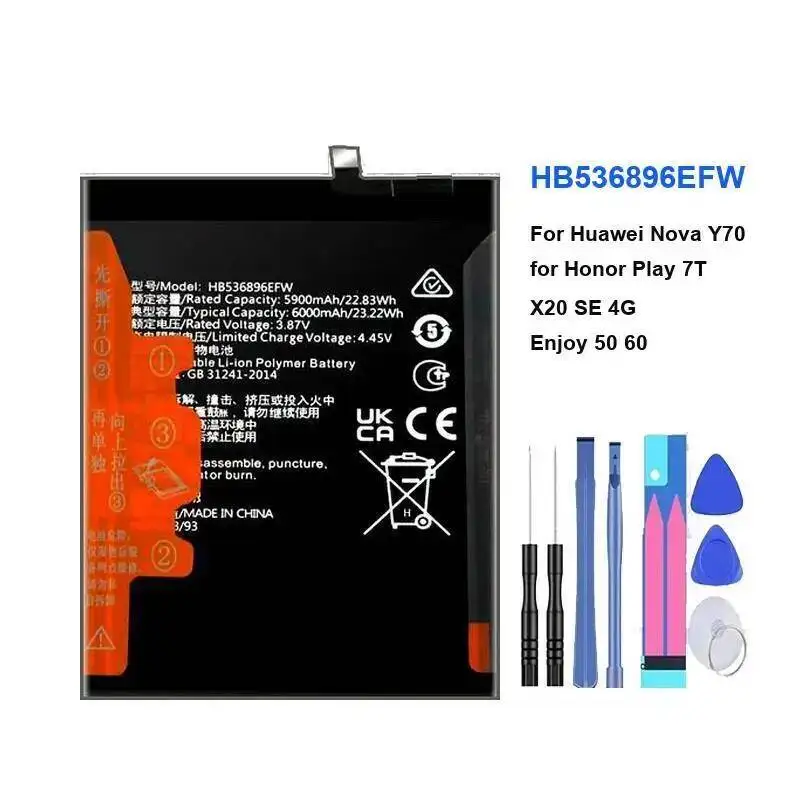 بطارية الهاتف المحمول HB536896EFW 6000Mah لهواوي نوفا Y70 الشرف اللعب 7T X20 SE 4G استمتع 50 60