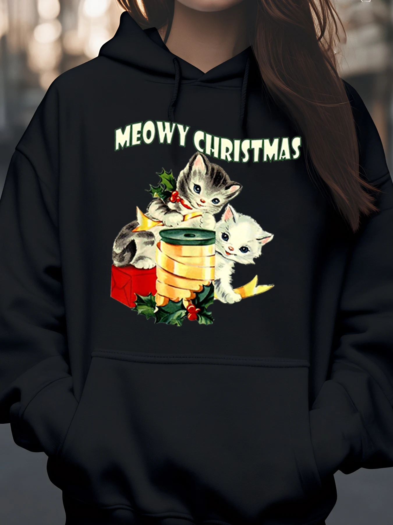 Meowy クリスマス キャッツ プリント パーカー ホリデー ギフト ウェア 猫愛好家 女性と女の子向け