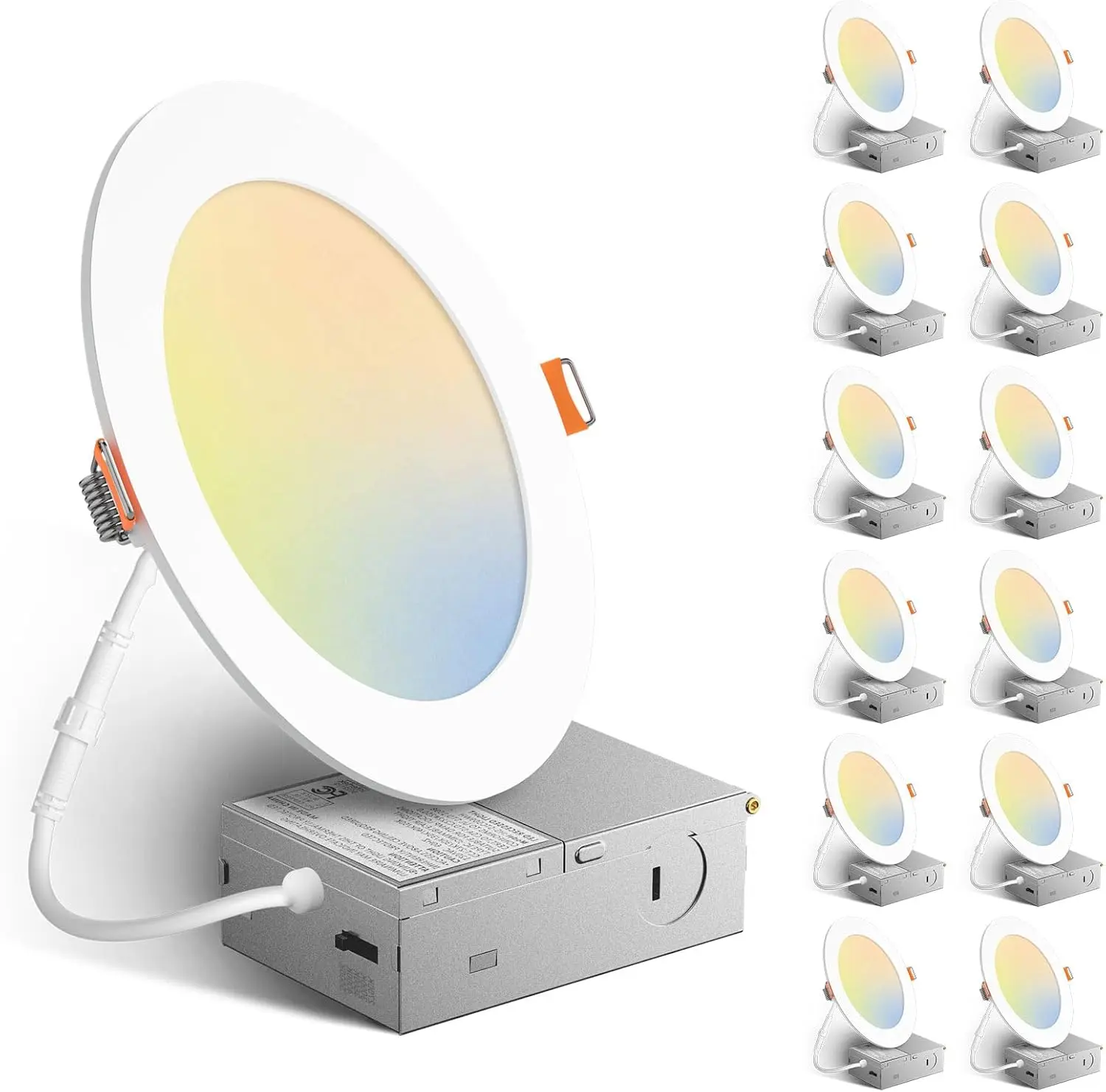 

12 Pack 6 Inch 3CCT Ultra-Thin LED Recessed Downlight with Junction Box, 3000K/4000K/5000K Selectable, 12W Eqv 100W