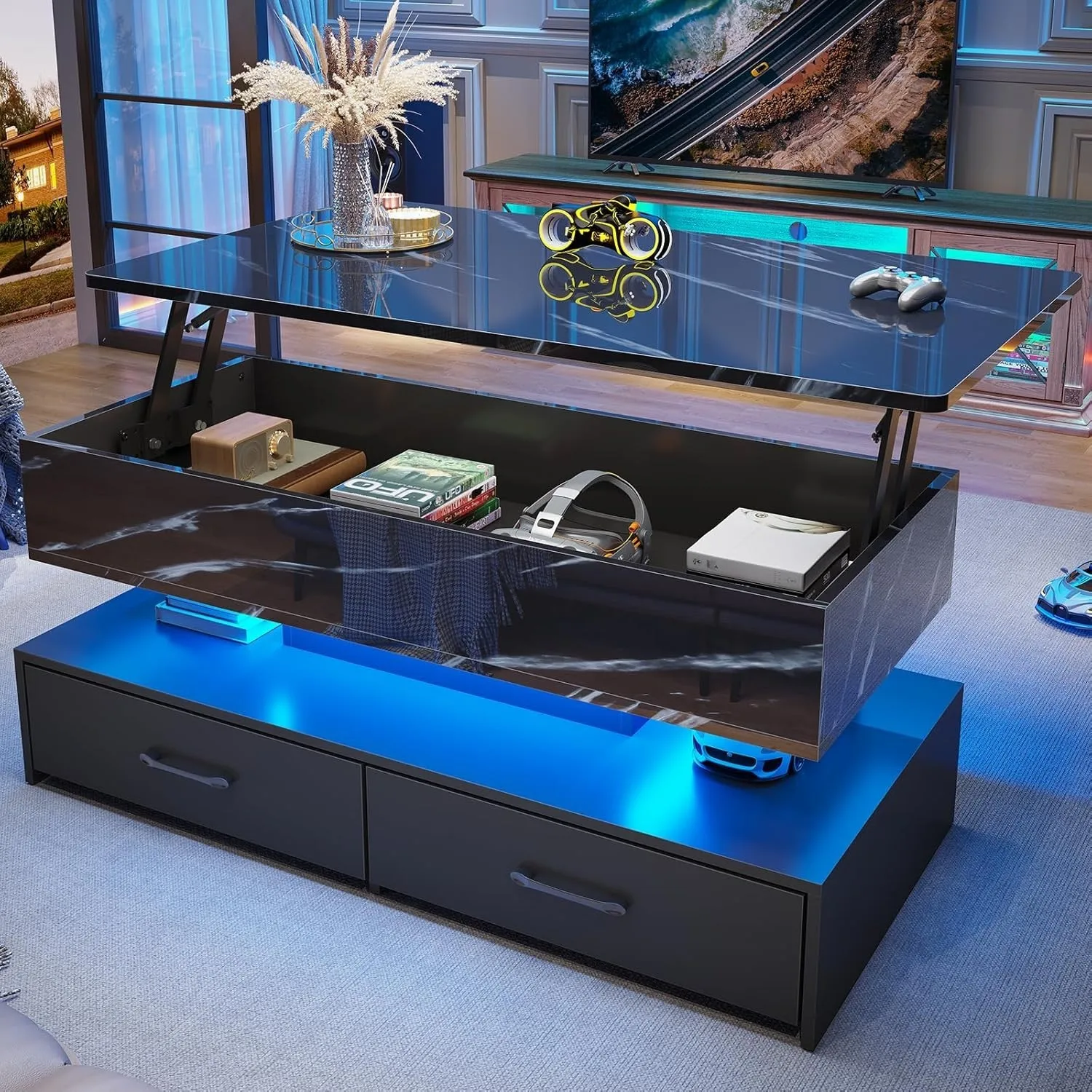 Lift Top Coffee Table with 2 Storage Drawers and LED Light for Living Room
