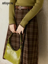 MISHOW Brown Plaid Midi Skirt Autumn 2024 Vintage Pleated Skirt High Waist Versatile A-line Skirt with Side Pockets MXD44B0516