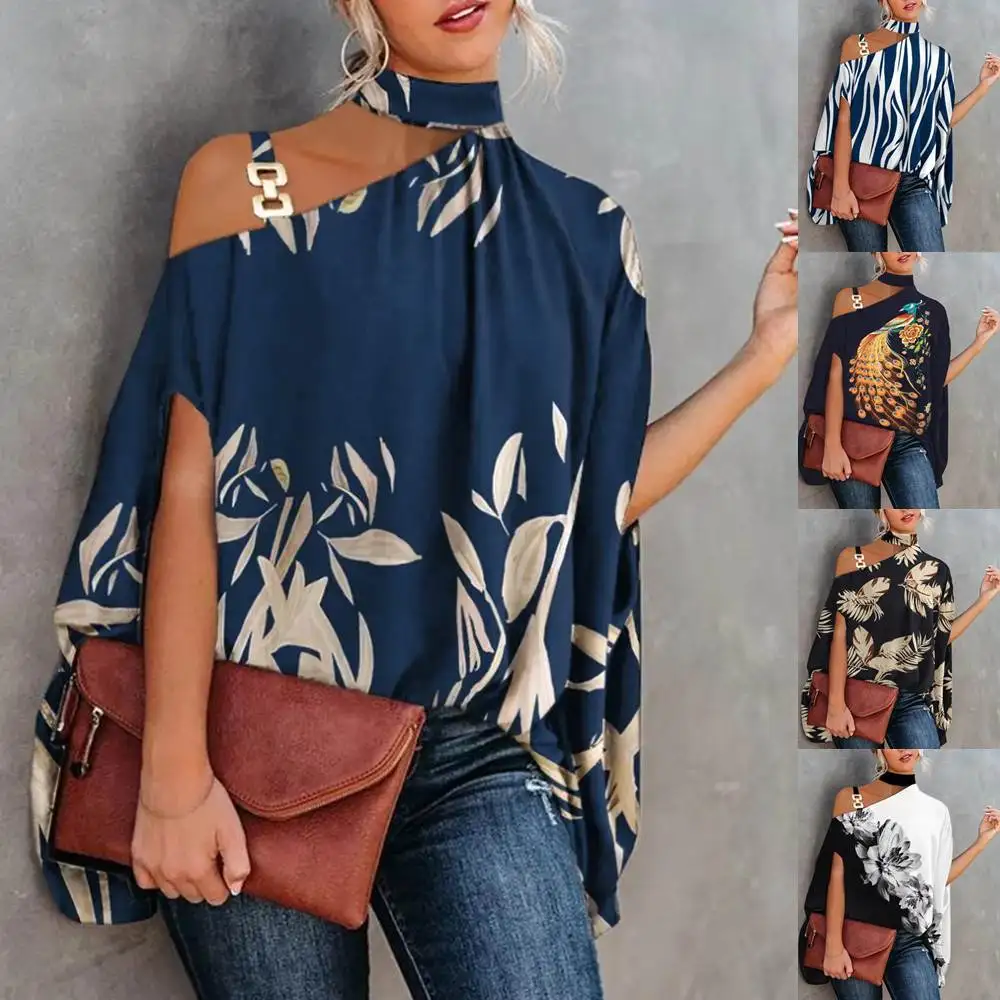 

Fashionable Street Style Women's Shirt Spring Summer Autumn Printed Batwing Sleeve Hanging Neck Design Ladies' Blouse