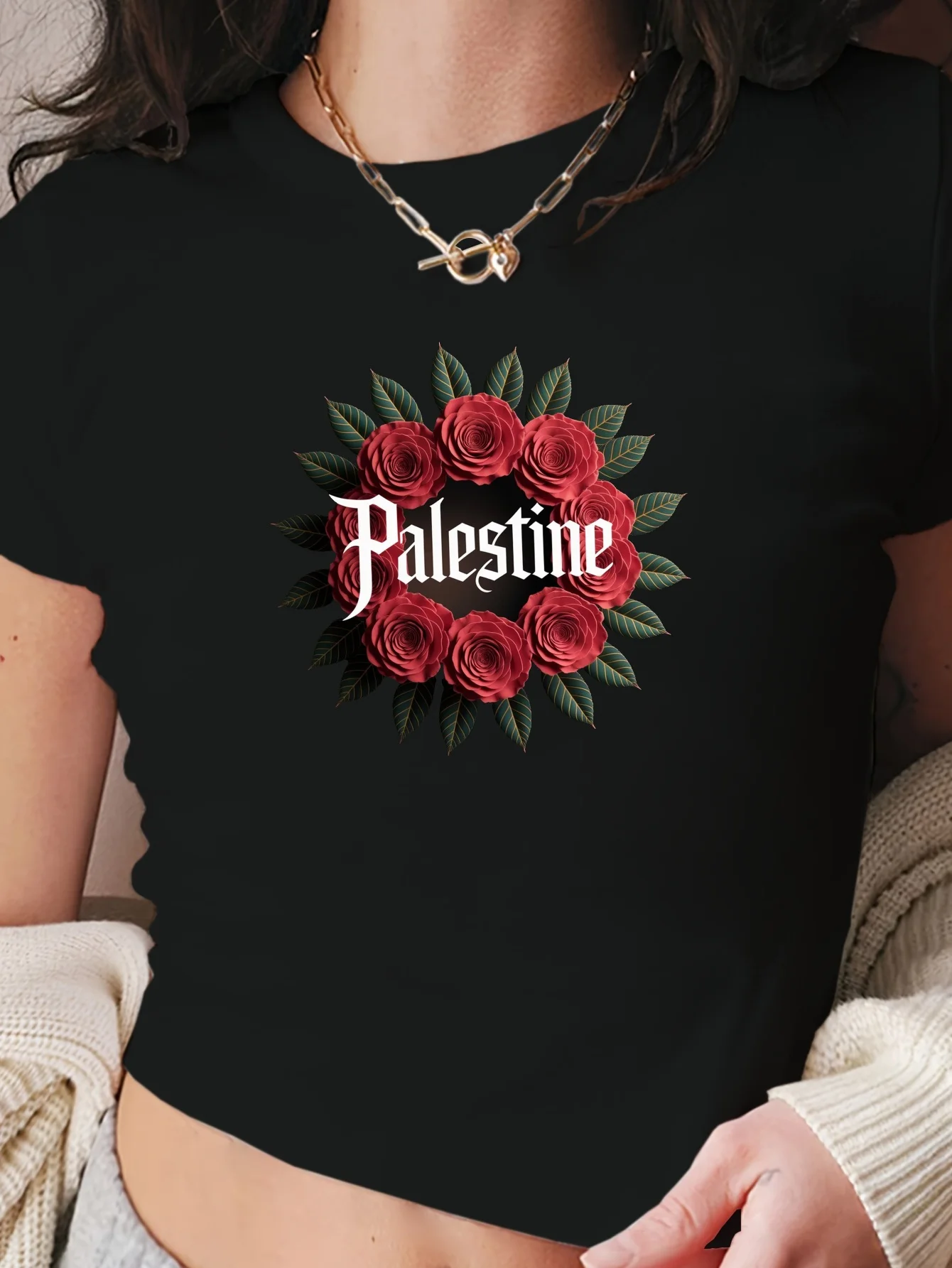 

Женская футболка Палестинская готическая надпись с розами Женская модная футболка с коротким рукавом и круглым вырезом с принтом
