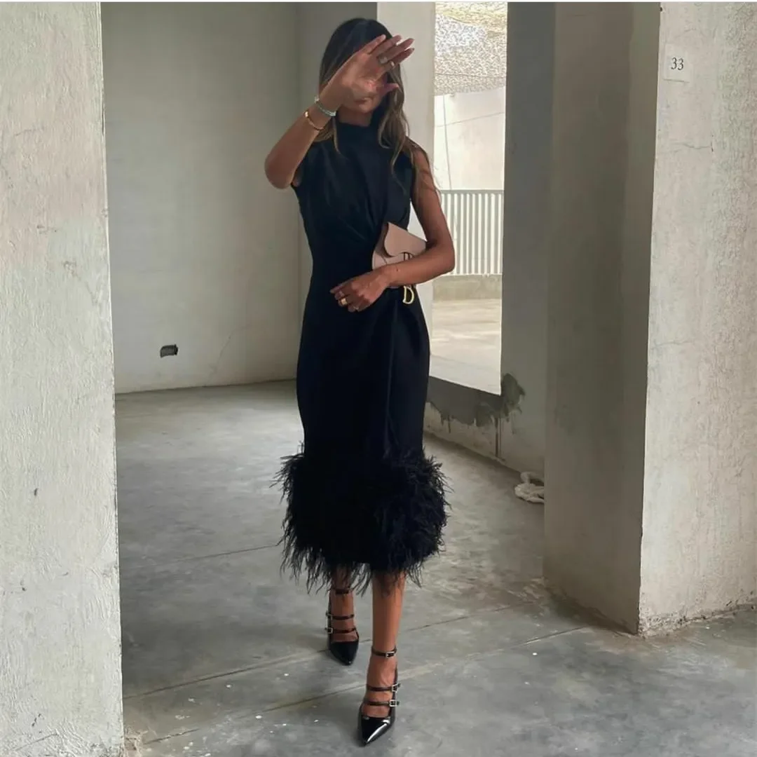 

Muslim Evening Dresses With Feathers فساتين السهرة A-Line Party Gowns Short Black Prom Dress Tea Length Robe de soirée for Women