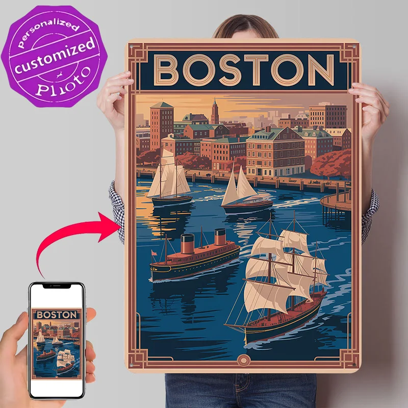 Boston Cityscape Vintage Travel Poster Retro 3D Printed Metal Signs Customized Wall Hanging Gift for Living Room Decoration Man