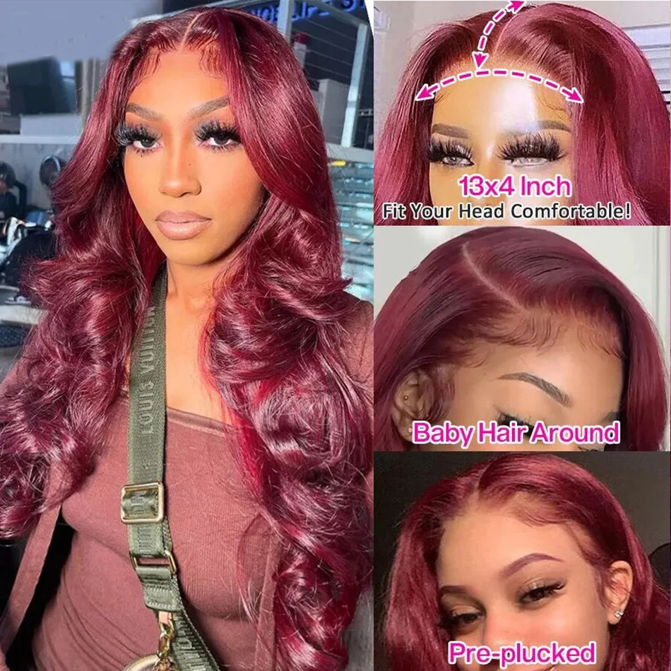 13x4 99J Burgundy Lace Front Human Hair Wigs For Women Brazilian Body Wave Red Hair Lace Wigs HD Lace Frontal Wigs Remy Bleached