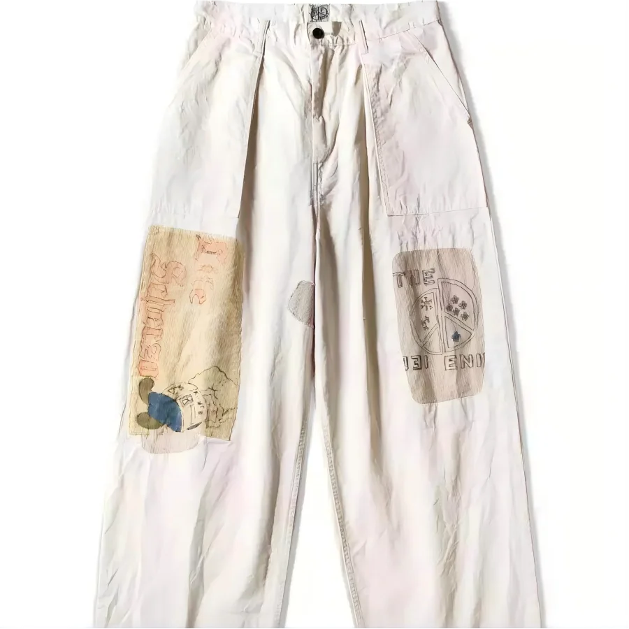 Japanese Style Unisex Vintage Patchwork Printed Baggy Work Pants Streetwear Wide Leg Trousers
