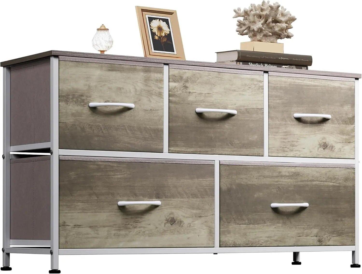 

Wide 5-Drawer Dresser with Fabric Bins, Storage Organizer for Bedroom, Living Room, Hallway - Greige Oak