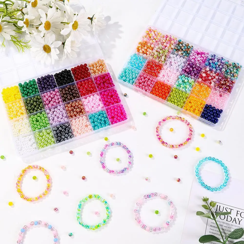 2400PCS 48 Compartments Pearl Jewelry 48 Colors 6 mm Pearl Bracelet Making Kit, 2 Boxes of Round Beads for Beginners