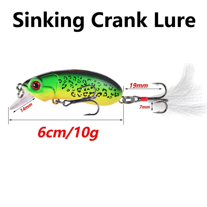 1 Pc Sinking Minnow Fishing Lure 6cm 10g Plastic Wobblers Artificial Hard Bait with 8# Feather Hooks for Pike Bass Crankbaits