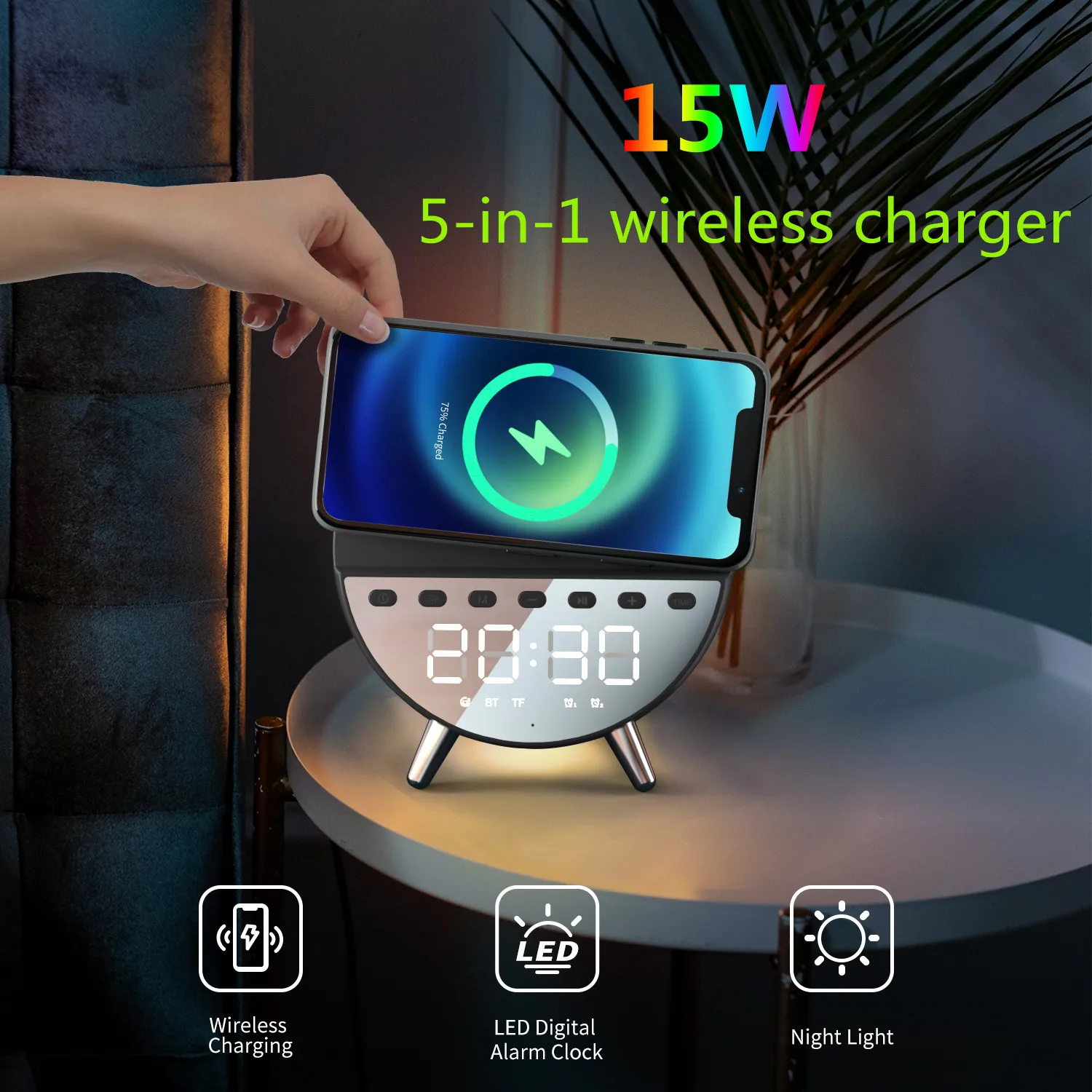 New multi-function 5-in-1 mobile phone wireless charger 15W fast charging creative with bluetooth audio alarm clock night light